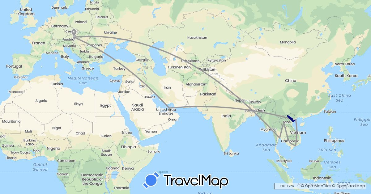 TravelMap itinerary: driving, plane in United Arab Emirates, Austria, Cambodia, Laos, Thailand, Vietnam (Asia, Europe)